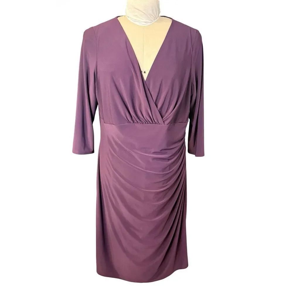 Chaps Ralph Lauren Faux Wrap Sheath Dress 3/4 Sleeves Deep Plum Plus Sx. 20W Fla